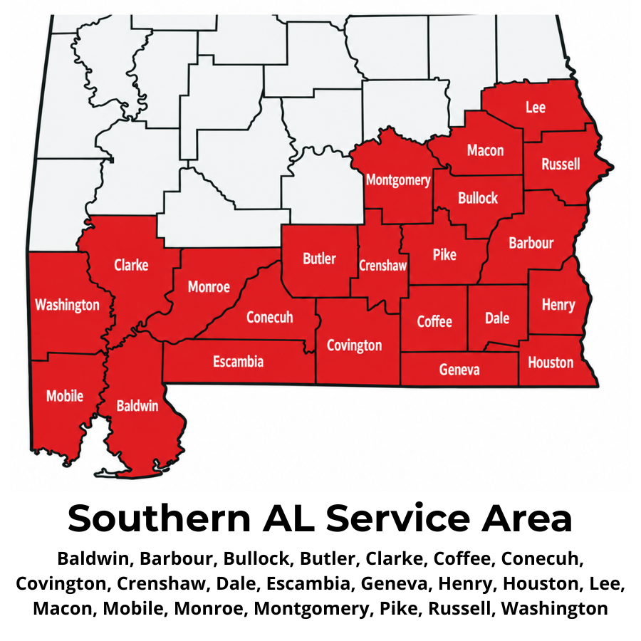 Map of the 22 Southern Alabama counties served by Axle Surgeons Of Southern AL & FL Panhandle.